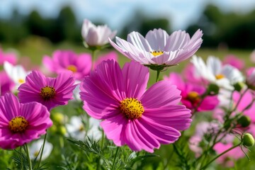 Obraz premium Field of cosmos flowers in soft shades of pink and white, stretching out across a countryside landscape, with a soft breeze gently moving the blooms