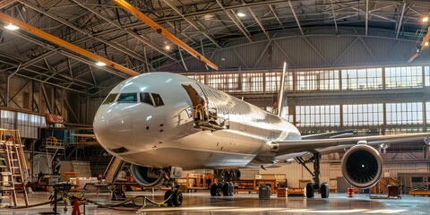 Fototapeta premium Aircraft maintenance hangar with various airplane parts.