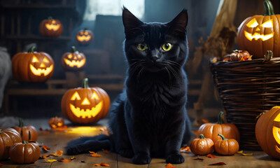 black halloween cat in scene with pumpkins, black halloween cat in scene with pumpkins