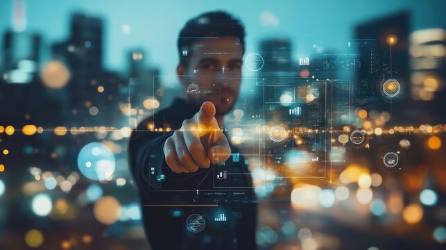Businessman pointing at icons with digital interface overlay on blurred city background. Concept of business strategy and technology driven network. - Powered by Adobe