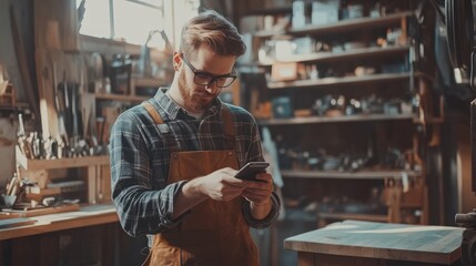 Fototapeta premium Carpenter man using mobile phone while working in a workshop.