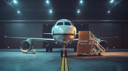 Fototapeta premium A front view of a small express cargo jet, loading timesensitive documents and packages for rapid delivery