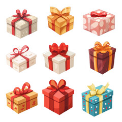 Fototapeta premium A collection of nine colorful gift boxes with various designs and ribbons, perfect for celebrations and special occasions.