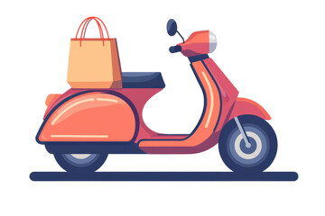 Illustration of a classic vintage scooter with a shopping bag on the seat, representing urban lifestyle and eco-friendly transport.