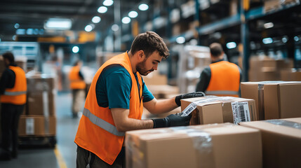 A front view of workers scanning barcodes on packages before loading them onto a cargo flight