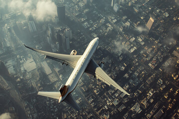 Obraz premium A highangle view of a cargo plane flying over a large city, transporting goods across long distances