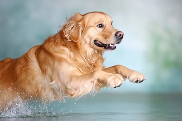 Gentle watercolor of a Golden Retriever jumping into a pond, with soft splashes of blue and green surrounding the playful dog as it leaps into the water