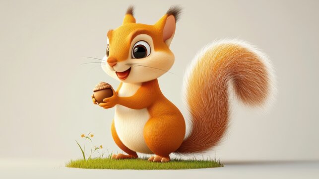 Cheerful cartoon squirrel holding an acorn