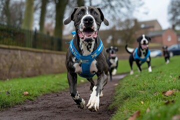 Great Dane galloping through a park, its large frame bounding with surprising agility and playfulness, while other dogs follow behind