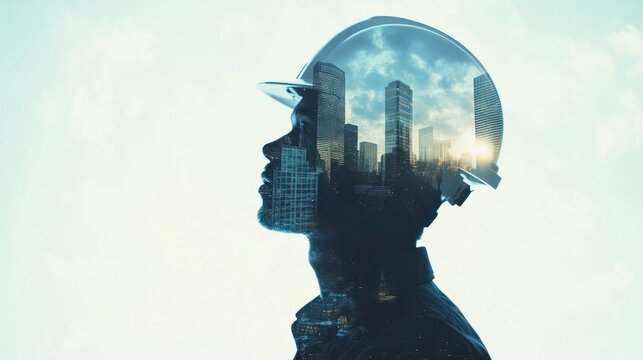 Construction engineer wearing a hard hat with a city skyline double exposure