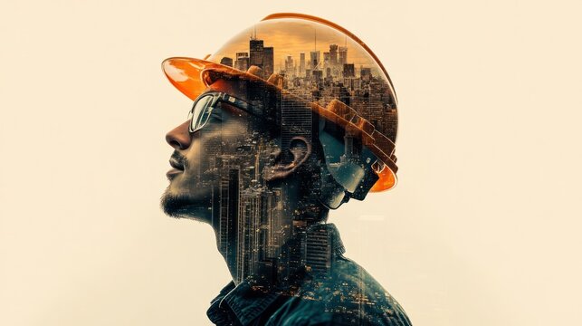 Construction engineer wearing a hard hat with a city skyline double exposure