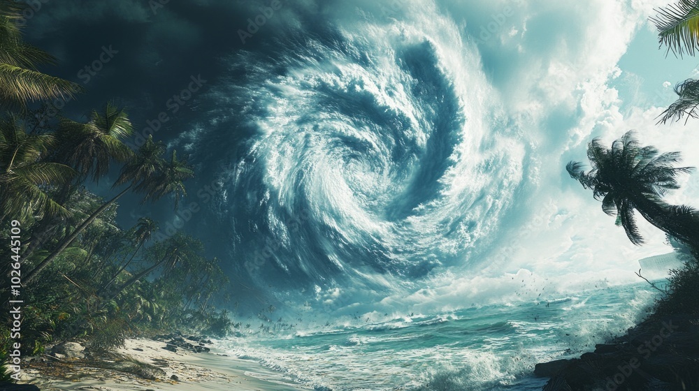 Poster A large wave is crashing into a beach, with palm trees in the background