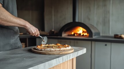 Freshly baked pizza is being sliced in modern outdoor kitchen, showcasing rustic stone oven and sleek countertop. warm ambiance creates cozy atmosphere for cooking