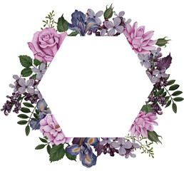 Romantic frame with beautiful watercolor flowers and leaves. Hexagon border of pink peones, lilacs and blue irises for wedding decor, cards, stickers and prints.
