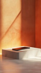 Minimalist setup with a sleek smartphone on a pedestal