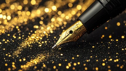 Creative Macro Close-Up of Pen Tip with Gold Glitter: Elegant Stationery Art Black and Gold.