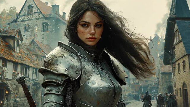 A young woman in full armor stands in a medieval town, her hair flowing in the wind