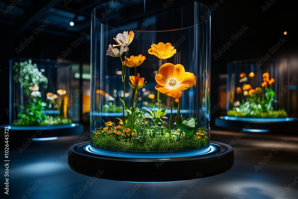 Poster hovering flowerbeds in a futuristic landscape, where flowers are suspended in the air, rotating gent