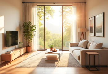 modern stylish living room with sofa TV on the wall upholstered chairs large window