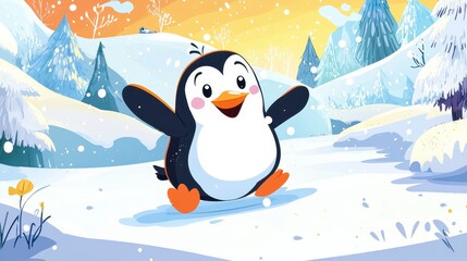 Cheerful cartoon penguin in snowy landscape