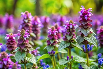 Fototapeta premium Panoramic spring garden with flowering purple dead nettle and creeping speedwell plants