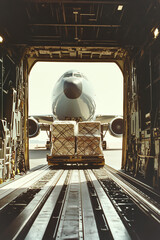 A front view of cargo being loaded into a plane via a conveyor belt, with pallets and crates visible