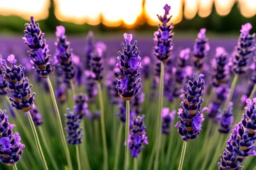 Hyper-realistic lavender field at sunset, where the vibrant purple flowers sway in the soft breeze, and every stalk and petal is captured in precise detail