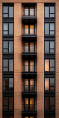 Obraz premium Modern apartment building facade with illuminated windows during twilight in an urban setting