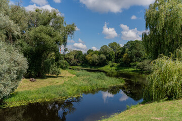 Tranquil river in a lush green park