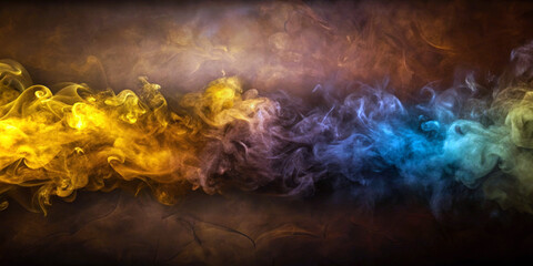 Swirling clouds of colorful smoke in shades of yellow, purple, and blue blend seamlessly across a dark background. The vibrant wisps create a dynamic and ethereal atmosphere.AI generated.