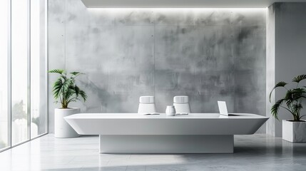 Sleek gray modern office with minimalist design featuring interactive display for global users