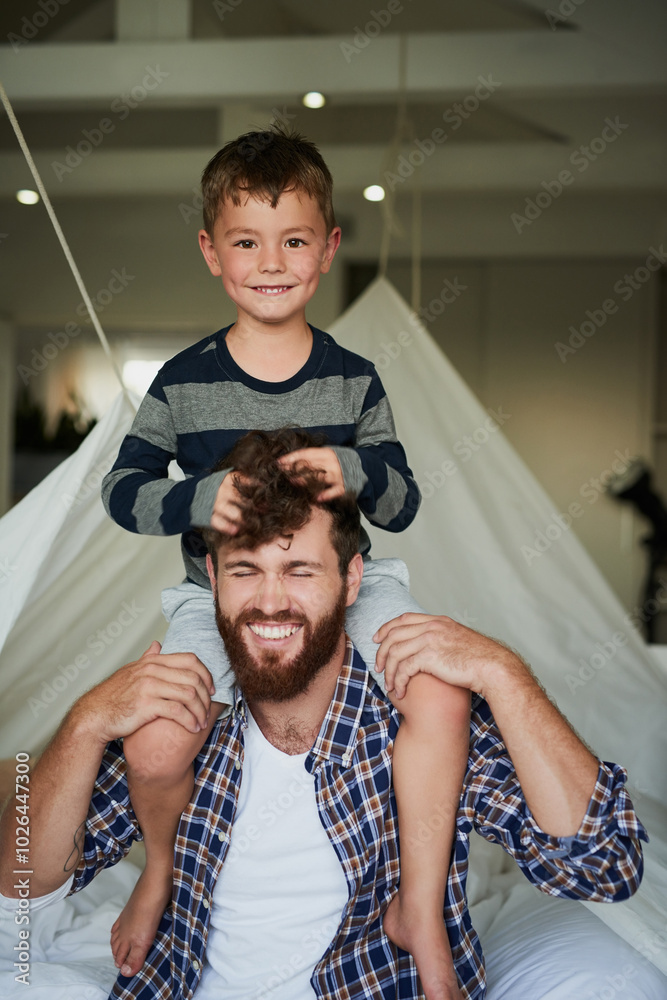 Canvas Prints Father, face and boy on shoulder for bonding, relax and playing together in home on weekend. Dad, portrait and happy child for support, development and childhood playful fun with love, care and smile