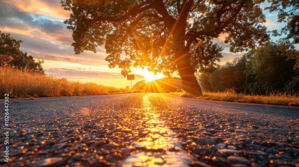 Poster a tree is in the foreground of a road with a sun shining on it