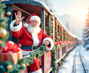 Santa Claus is riding a retro train through the winter forest waving and carrying gifts © Radorog.