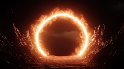A fiery portal emerges from darkness, illuminating the surroundings with a cosmic glow.