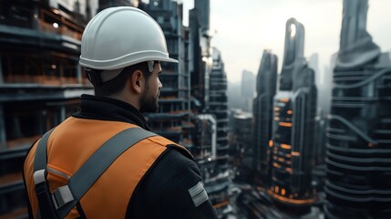 Construction worker wearing safety gear overseeing futuristic cityscape with high-rise buildings and advanced architecture