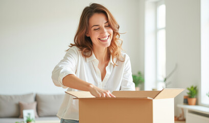 A beautiful housewife woman takes things out of an open cardboard box and smiles
