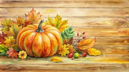 Panoramic Thanksgiving decoration with pumpkin on wooden background in watercolor style