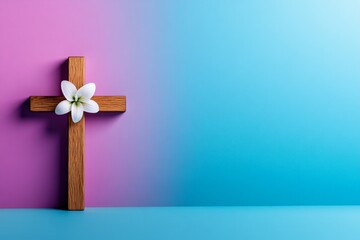 Minimalist Easter cross, a simple wooden cross adorned with a single white lily against a soft pastel background, symbolizing hope and renewal
