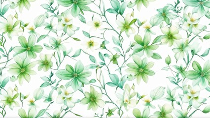A floral pattern featuring green leaves and white flowers, ideal for backgrounds or textiles.