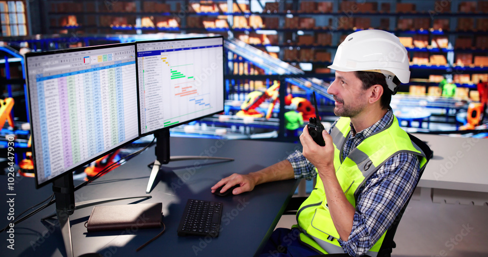 Poster Warehouse Worker Manager Using Computer And Walkie-Talkie