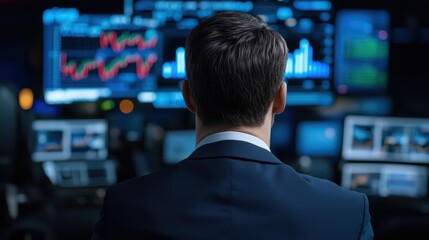 A man in a suit analyzing financial data on multiple screens in a modern office environment.