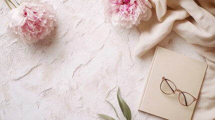 flat lay paper notebook eyeglasses peony flowers,beige cloth on stone background top view girl home office desk with elegant accessories modern feminine workspace concept.
