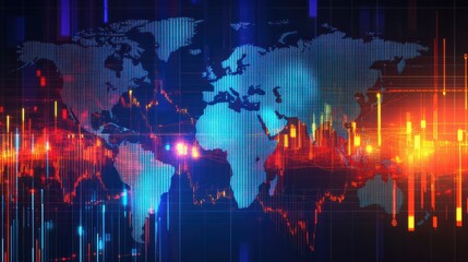 Global markets overview with dynamic financial data overlaying a detailed world map background, highlighting key economic regions