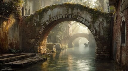 Stone Arch Bridge Over Foggy Canal in Old City