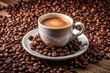 Panoramic view of a cup of coffee with coffee beans on a saucer