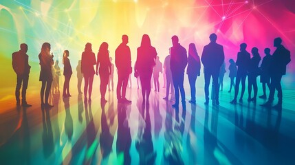 A Vibrant Gathering of Silhouettes Against a Colorful Abstract Background