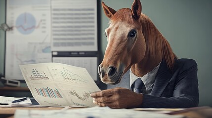 Horse in business suit analyzing financial charts and graphs with serious expression