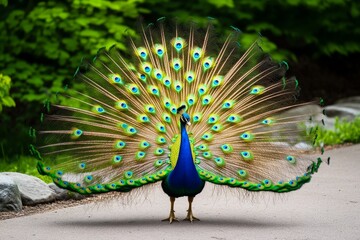 Obraz premium Peacocks roaming freely through the zoo grounds, their vibrant tails fanned out as they strut among visitors