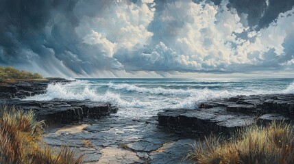 A Seascape with Stormy Clouds and Crashing Waves on a Rocky Coastline